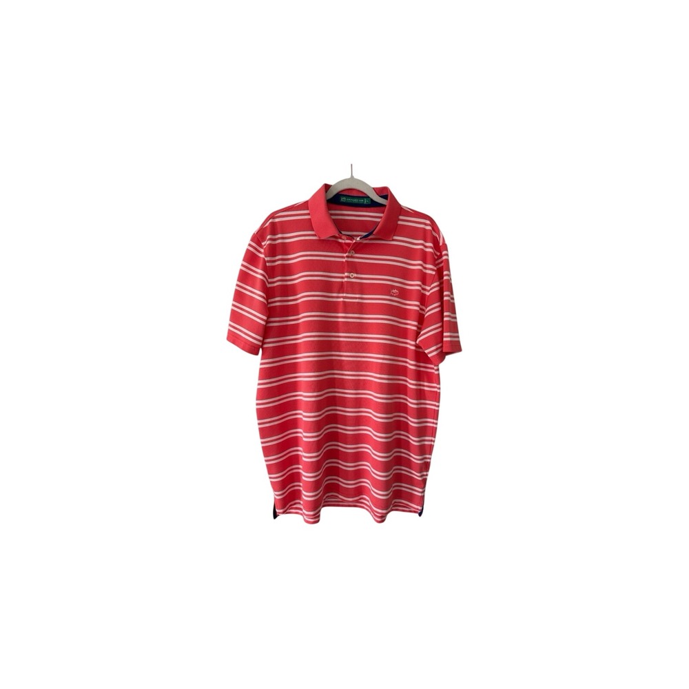 Southern Tide Club Mens Large Coral Pink White Striped Performance Polo‎ Shirt L